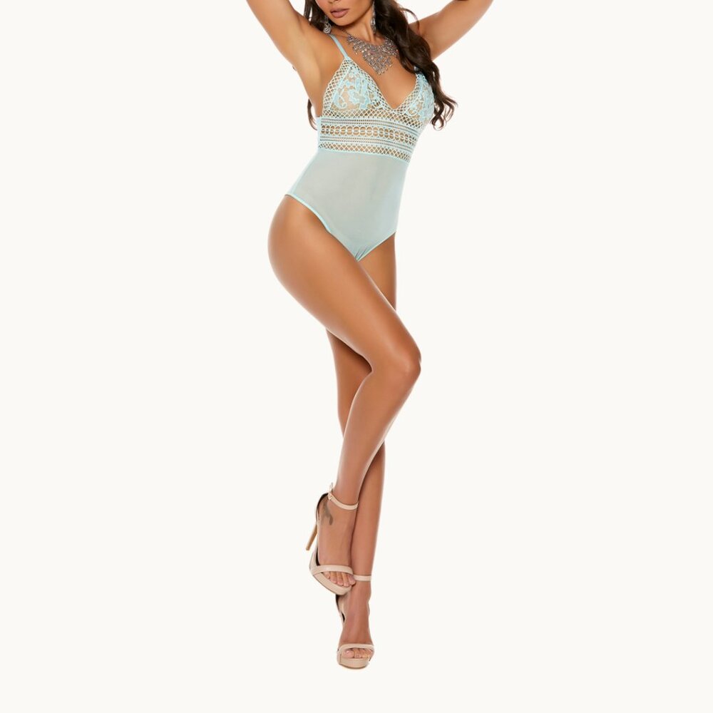 Mint Green Mesh Lace Teddy Bow Back Snap Crotch Bodysuit Lingerie - Picture 4 of 9